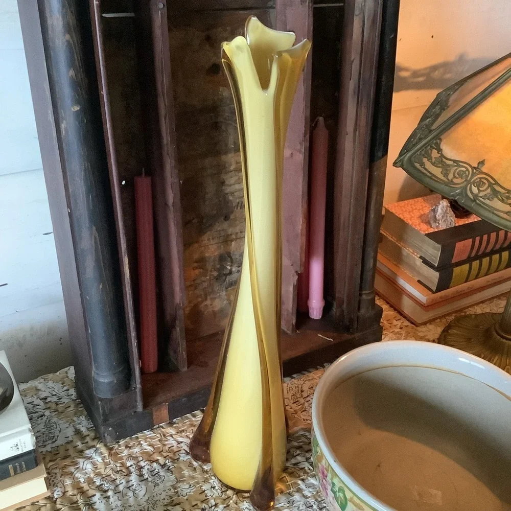 Vintage MCM Butterscotch Yellow Stretch Heavy Thick Swung Glass Vase Italian